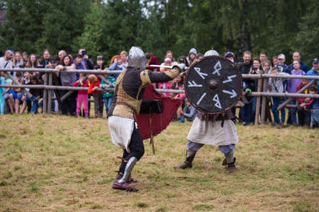 Torzhok, Russia -August 15, 2020: Reconstruction of a medieval battle with the participation of many extras and reconstruction groups from Europe and Russia.のeditorial素材