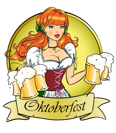Pretty Pin Up Girl with beer mugsのイラスト素材
