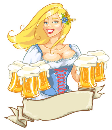 Pretty Pin Up Girl with beer mugsのイラスト素材