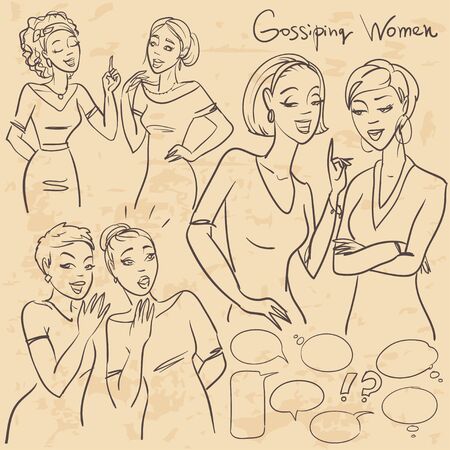 Hand drawn gossiping girls, chatting women, sketchのイラスト素材