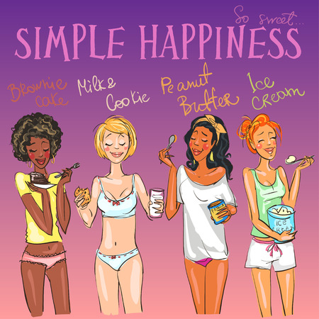 Happy girls enjoying delicious bedtime snacks. Hand drawn illustration with sample textのイラスト素材