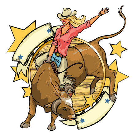 Rodeo Cowgirl riding a bull, design with space for text, isolatedのイラスト素材