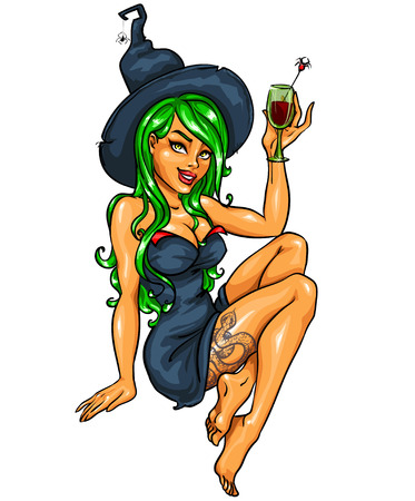 Witch with pumpkin cocktail. Halloween pin up isolatedのイラスト素材