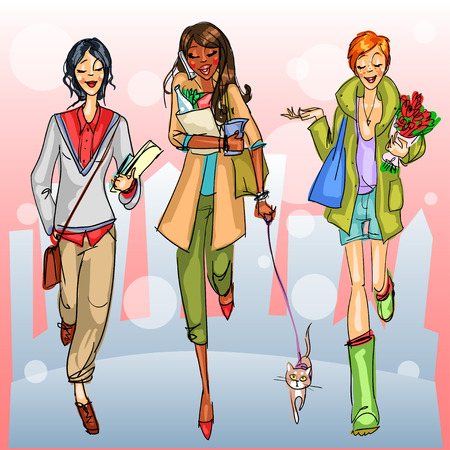 Happy girls walking down the street, friendsのイラスト素材