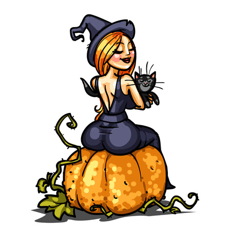Sexy witch sitting on a pumpkin and holding her black cat, isolatedのイラスト素材