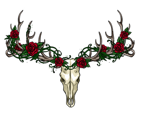 Skull and Roses hand drawn label design.のイラスト素材