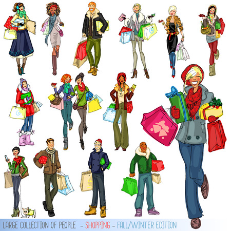 Big set of people with shopping bags, Fall - Winter edition.のイラスト素材