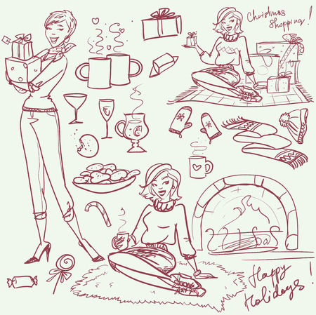 Hand drawn X-mas collection of elements and peopleのイラスト素材