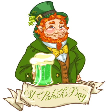 Leprechaun, Irish man with beer, St. Patricks Day label design with space for text, isolatedのイラスト素材