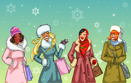 Happy women talking to each other, Christmas shopping vector illustration.のイラスト素材
