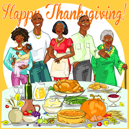 Happy family celebrating Thanksgiving Day. Card designのイラスト素材