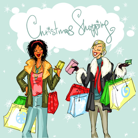 Happy women chatting, Christmas shopping vector illustrationのイラスト素材