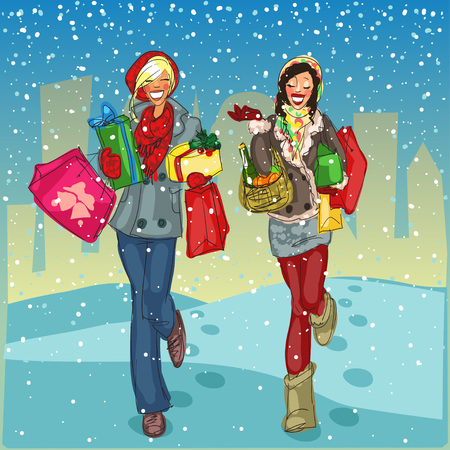 Two happy women with shopping bags and present boxes walking down a snow covered street.のイラスト素材