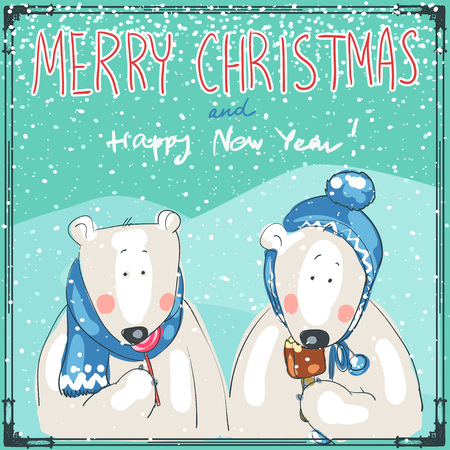 Hand drawn Christmas card with two funny polar bearsのイラスト素材
