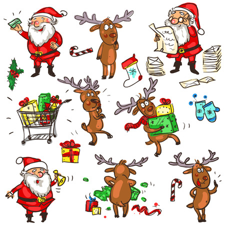 Christmas characters, cartoon doodles isolated on whiteのイラスト素材