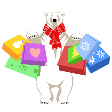 Greeting Card with Polar bear in red woolly scarf holding shopping bags. Isolatedのイラスト素材