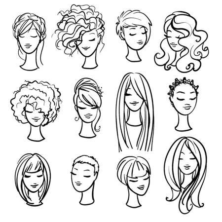Set of ladys haircuts and styling isolated on whiteのイラスト素材