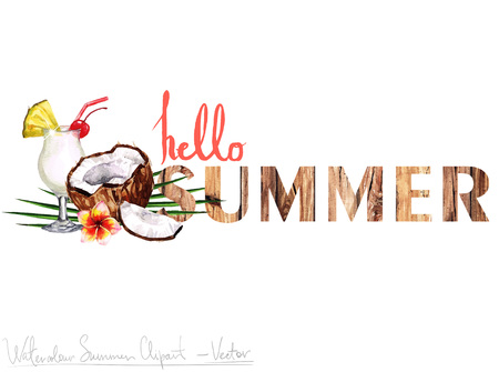 Watercolor Clip art - Summer Label with wooden letters and objects around, isolated on white.のイラスト素材