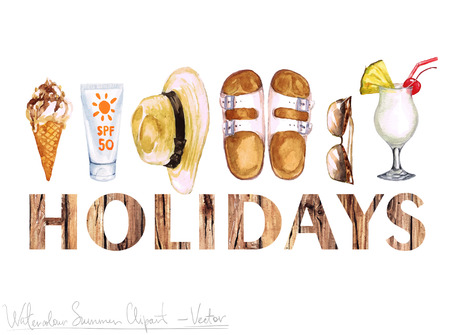 Watercolor Clip art - Summer Label with wooden letters and objects around, isolated on white.のイラスト素材