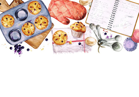 Baking Blueberry Muffins. Watercolor Illustration with blank space for text.の写真素材