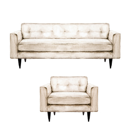 Beige Sofa and Armchair - Watercolor Illustration.の写真素材