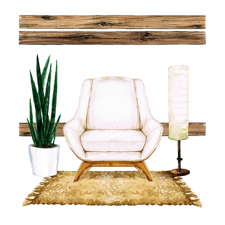 Living Room Interior with Natural Neutral Design - Watercolor Illustration.の写真素材