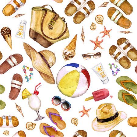 Beach Holiday. Watercolor seamless pattern.の写真素材