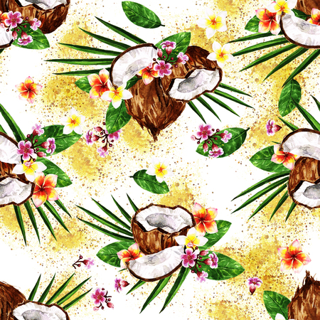 Exotic Coconuts. Watercolor seamless pattern.の写真素材