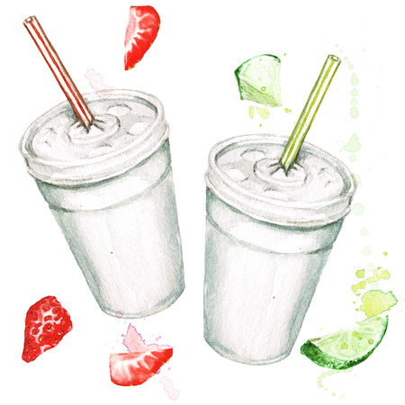 Plastic cups with juice. Watercolor Illustration.の写真素材