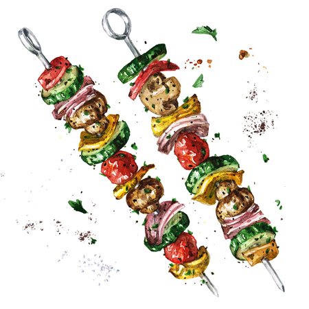 Vegetarian kebab. Watercolor Illustration.の写真素材