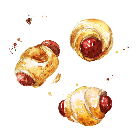 Sausage in dough. Watercolor Illustration.の写真素材