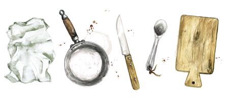 Old Rustic Cookware. Watercolor Illustrationの写真素材