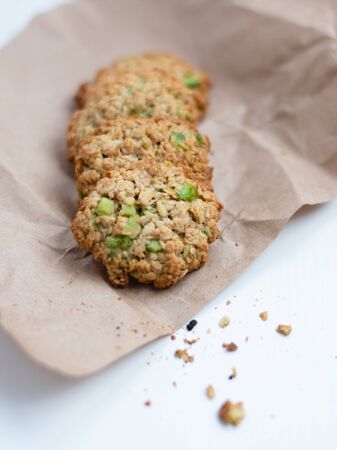 Delicious homemade oatmeal cookies with rhubarb as a toping.の写真素材