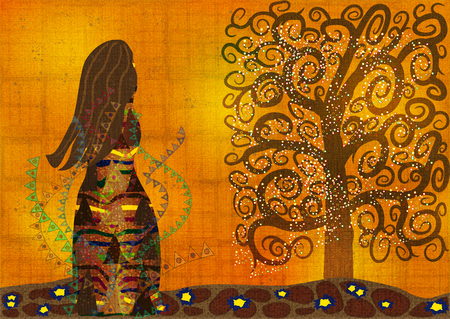 abstract illustration in modernist style the girl and a tree orangeのイラスト素材