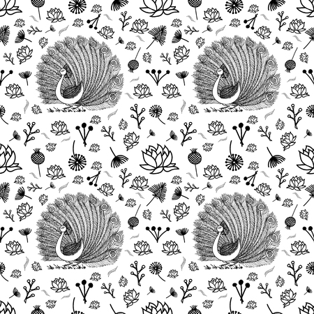 seamless peacock and birdies and plants lotusのイラスト素材