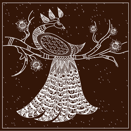 pattern peacock on a branch brown and whiteのイラスト素材