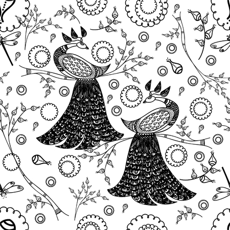 seamless pattern peacock on a branch and plants and objectsのイラスト素材