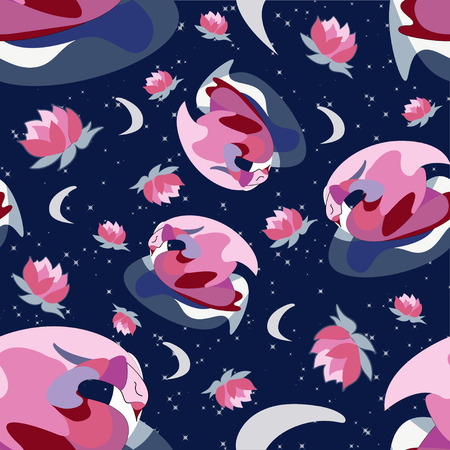 seamless pettern abstract swan lotus colorful pink grey blue red on nightのイラスト素材