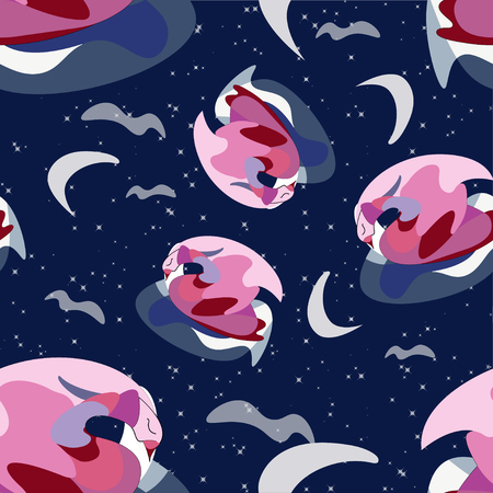 seamless pettern abstract swan lotus colorful pink grey blue red on nightのイラスト素材
