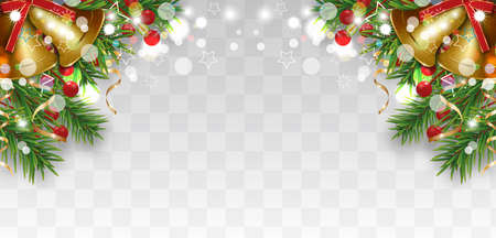 Christmas and Happy New Year decoration with Christmas tree branches, golden bells and holly berries, gold ribbons. Bright border on transparent background. Vector illustration.のイラスト素材