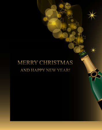 Christmas and New Year background with champagne bottle and golden decoration glitter elements. Vector illustration.のイラスト素材