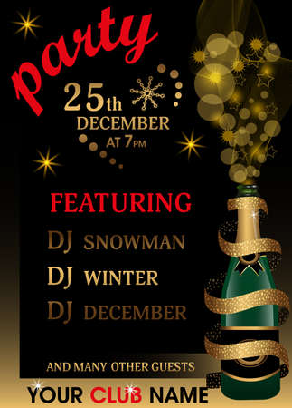 Christmas or New Year party invitation template. Holiday background with Champagne bottle covered by ribbon with golden glitter. Vector illustration.のイラスト素材