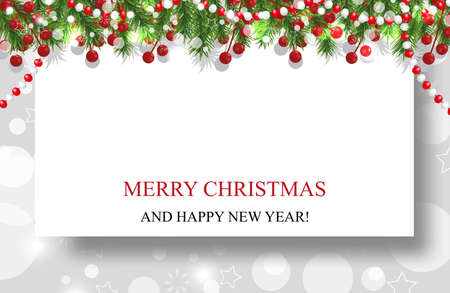 Christmas background with garland, New Year decoration with fir branches, beads and holly berry. Vector illustration.のイラスト素材