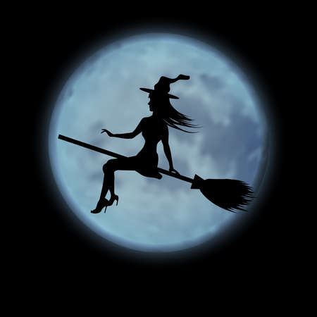 Halloween. Young witch flying on a broomstick on the background of the full moon. Vector illustration isolated on black background.のイラスト素材