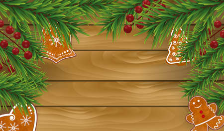 Christmas wooden background with Gingerbread cookies, Christmas tree branches and Holly berries for Xmas and New Year design. Vector illustration.のイラスト素材