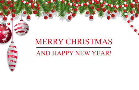 Christmas background, New Year decoration with fir branches, beads and holly berry and red baubles. Vector illustration.のイラスト素材