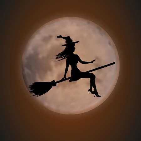 Halloween background. Young witch flying on a broomstick on the background of the full moon. Vector illustration.のイラスト素材