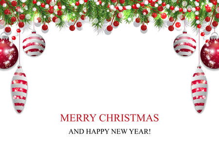 Christmas background, New Year decoration with fir branches, beads and holly berry and red baubles. Vector illustration.のイラスト素材