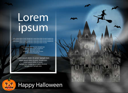 Halloween background night with flying young witch to background full moon above castle and pumpkin. Vector illustration.のイラスト素材
