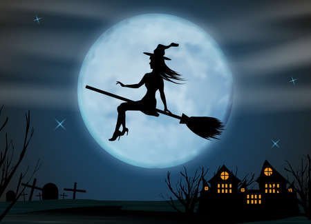 Halloween background. Young witch flying on a broomstick on the background of a full moon over the castle and cemetery. Vector illustration.のイラスト素材